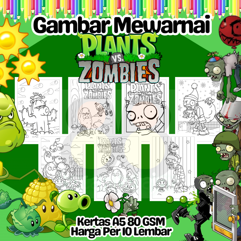 

10 Lembar Kertas A5 Gambar Mewarnai Tema GAME PLANTS AND ZOMBIE Termurah - Anak Anak TK SD PAUD Remaja