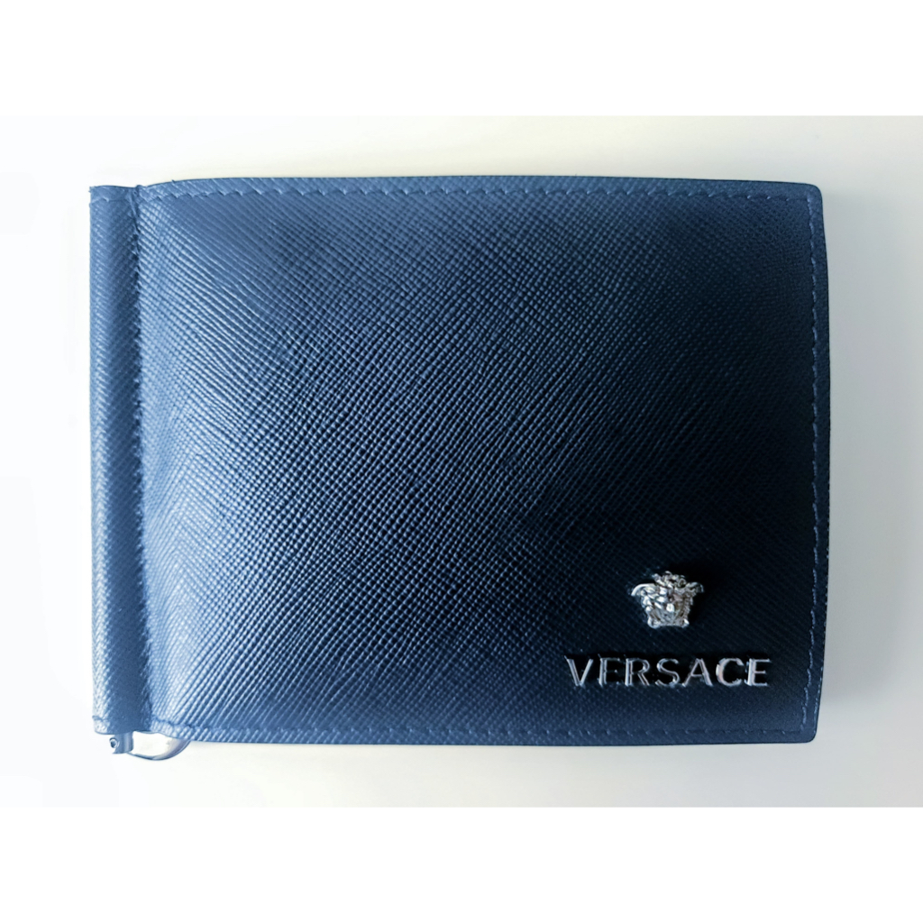 Dompet Pria Versace Bifold Clip Wallet Warna Navy Original, Calf Leather/Kulit asli