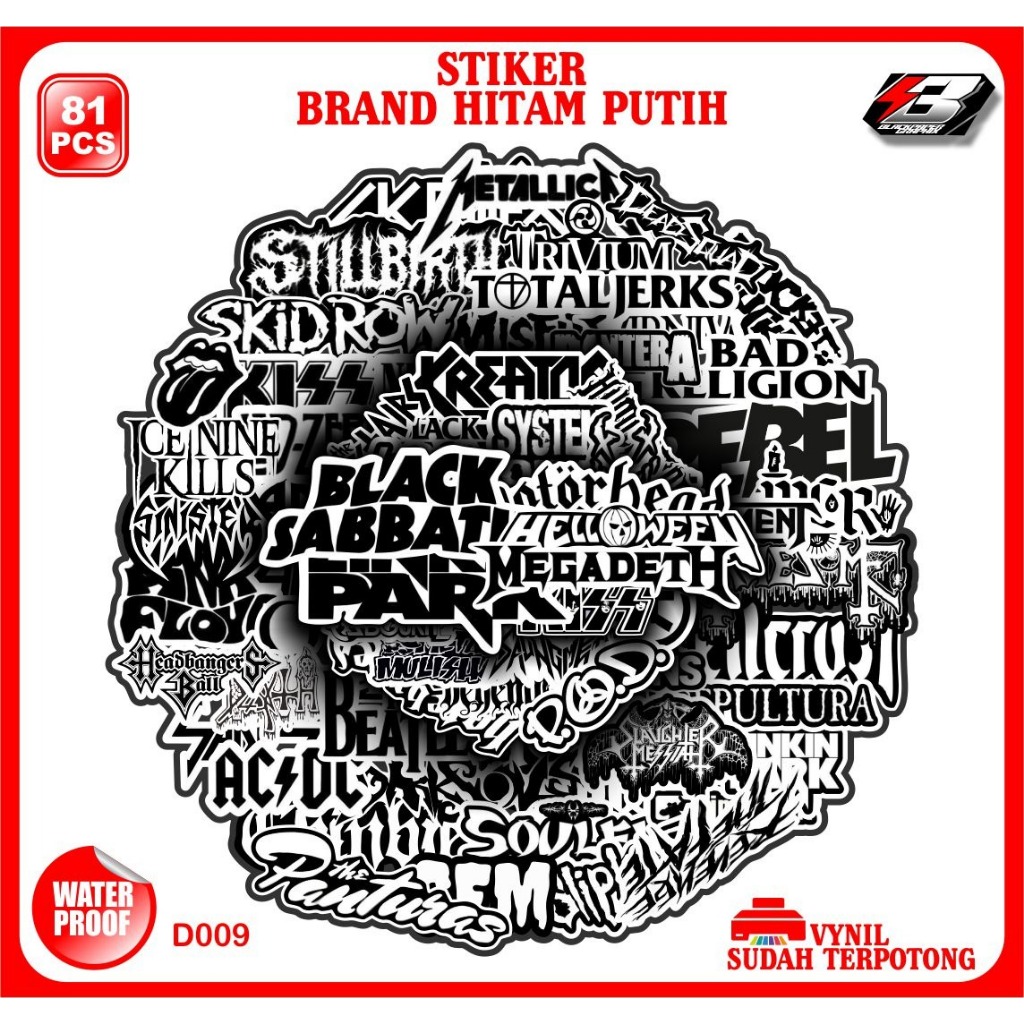 

81pcs stiker band metal rock hitam putih sudah terpotong
