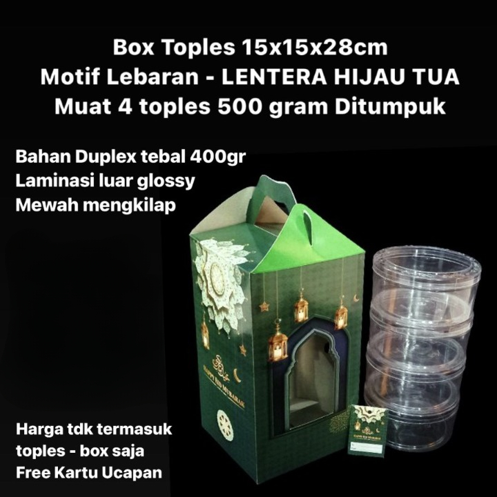 

5 Pcs Box Lebaran Edisi Lentera Hijau Tua Muat 4 Toples 500gr Ukuran 15x15x28cm