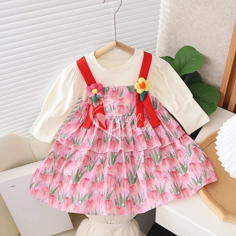 Dress bayi anak perempuan gaun newborn 0 1 2 tahun lengan panjang motif bunga tulip