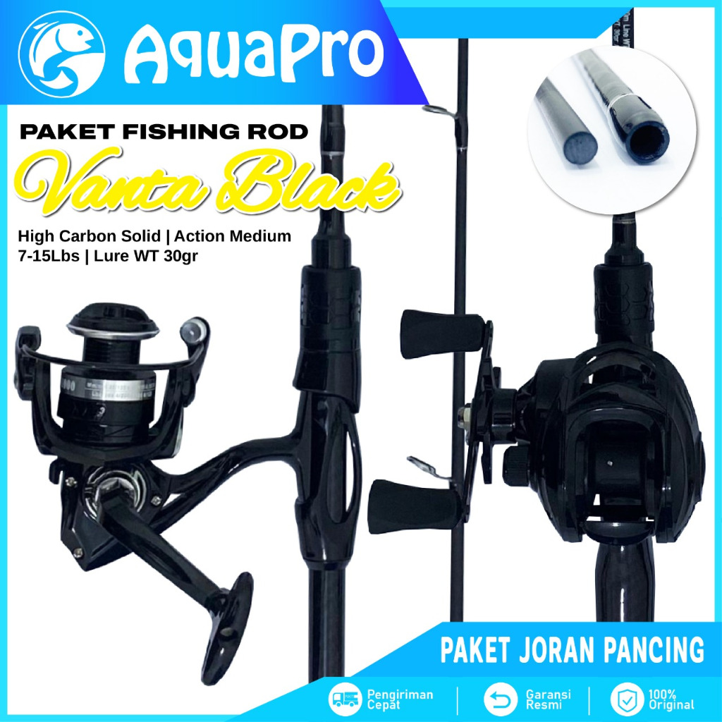 Aquapro Paket Set Alat Pancing Joran Vanta Black Spinning & Casting Rod High Carbon Dan Reel Pancing