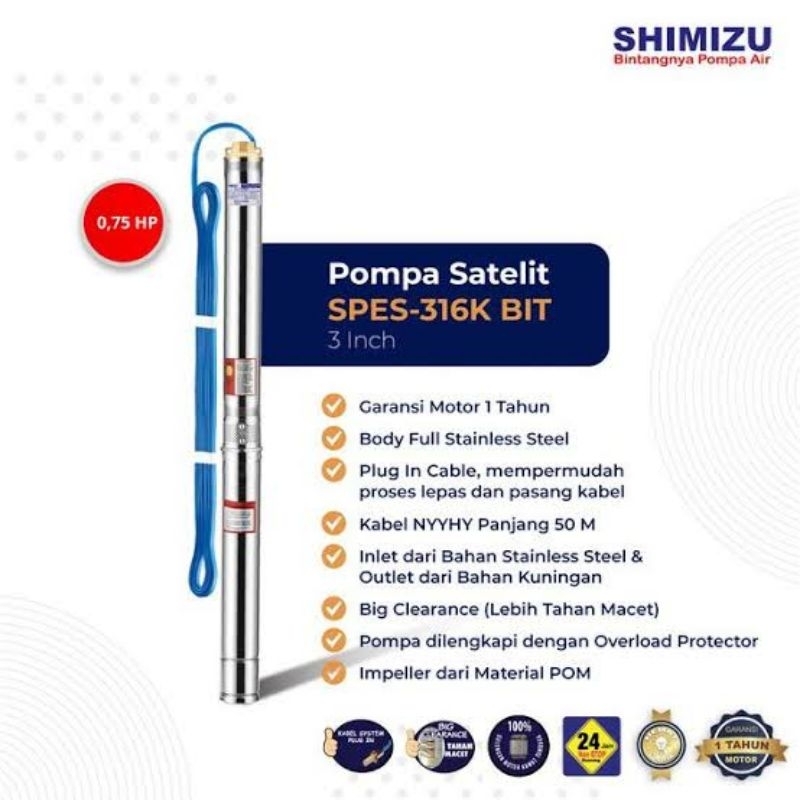 submersible pump shimizu spes-316k bit 0,75hp 3" + kabel pompa satelit