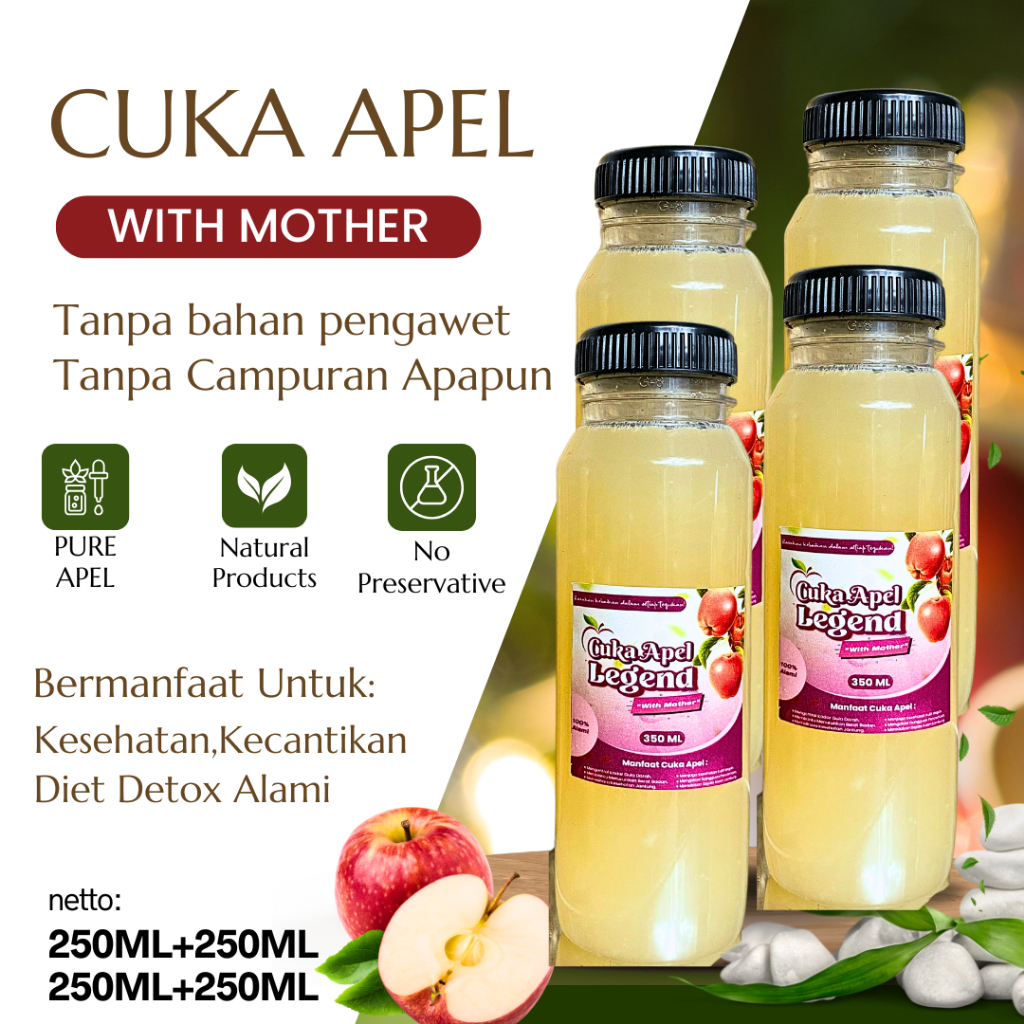 

PAKET 4 BOTOL Cuka Apel Organik Legend 250ML Cider Vinegar Original 100% Murni With Mother