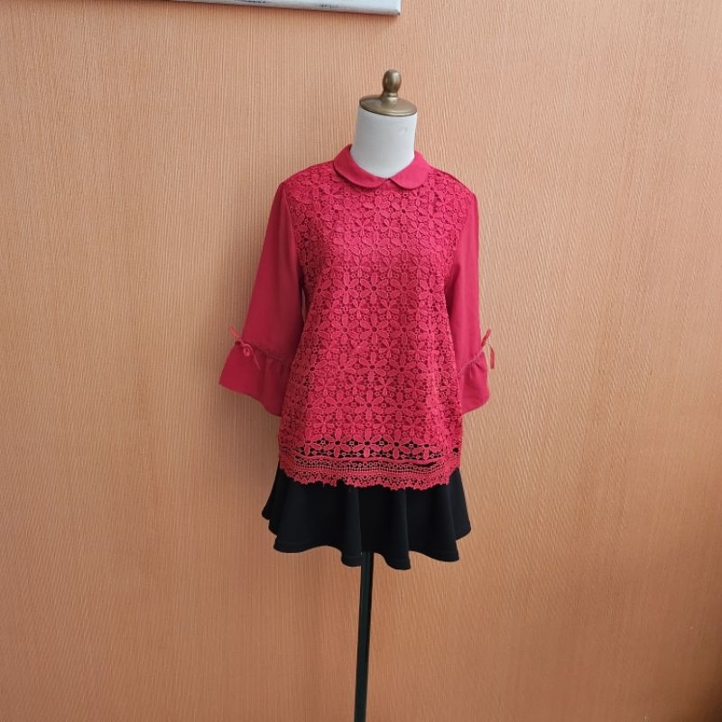 atasan wanita merah brokat NEVADA cewek M cute MEWAH blouse santai