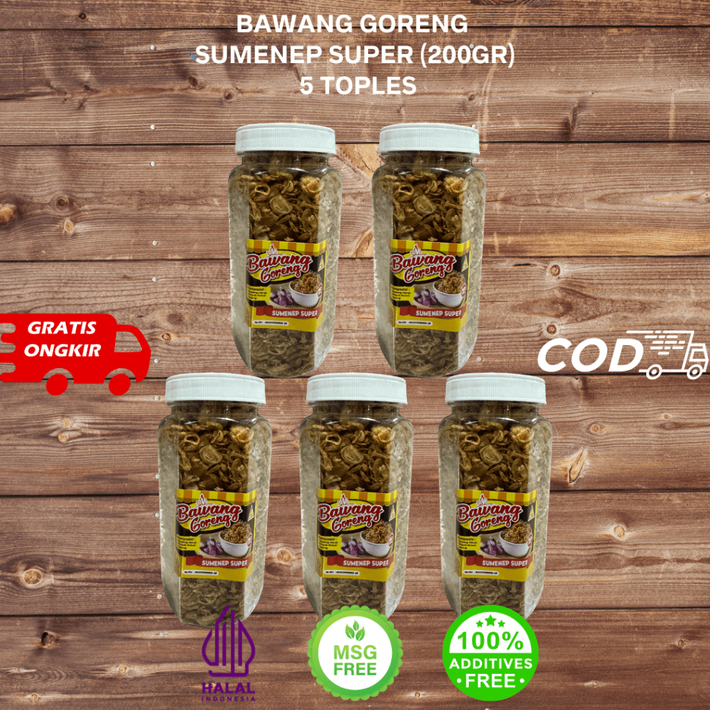 

Paket 5 Toples 200gr Bawang Goreng Sumenep Super Paket Bawang Goreng (200gr X5 Toples)