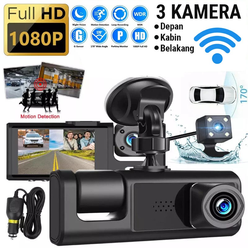 3 Kamera Mobil Dashcam Camera Car 3in1 CCTV Mobil Depan Kabin Dalam Belakang Parkir Mundur Rear Fron