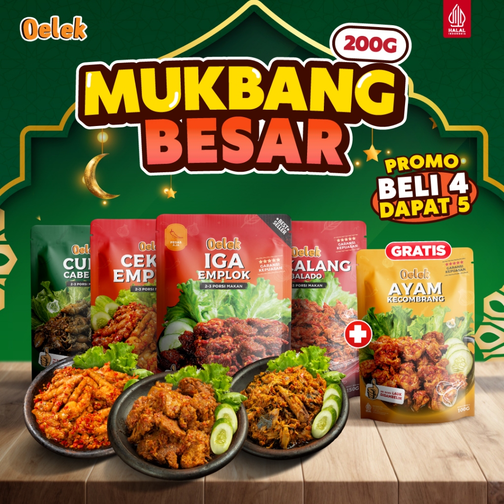 

[DAPAT 5 Pcs] Oelek Mukbang Besar 4 Lauk 200gr + Ayam Kecombrang 100gr (Beli 4 Dapat 5) Lengkap Oelek Semua Varian Ukuran Besar / Lauk Siap Saji