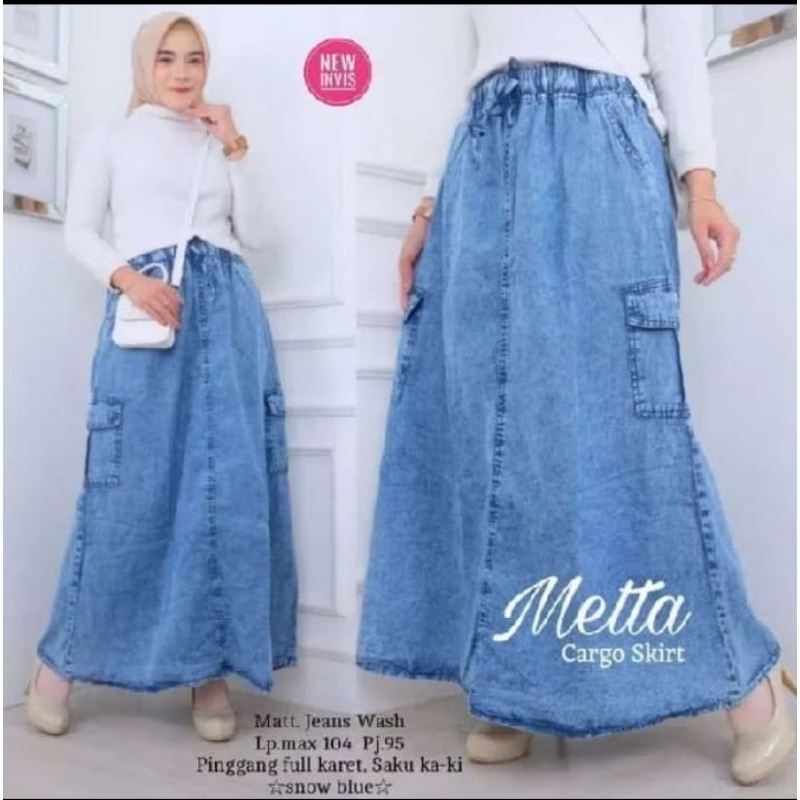 Rok Jeans Panjang Wanita || Rok Wanita Panjang Model Cargo Saku Kanan Kiri Premium || Jeans Span Ski
