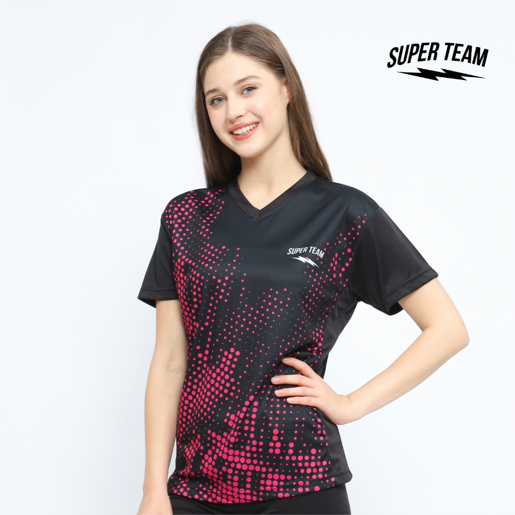 Kaos Super Team Halftone Merah Hitam baju Olahraga Wanita Bahan Dryfit Jersey Lari Senam Voli