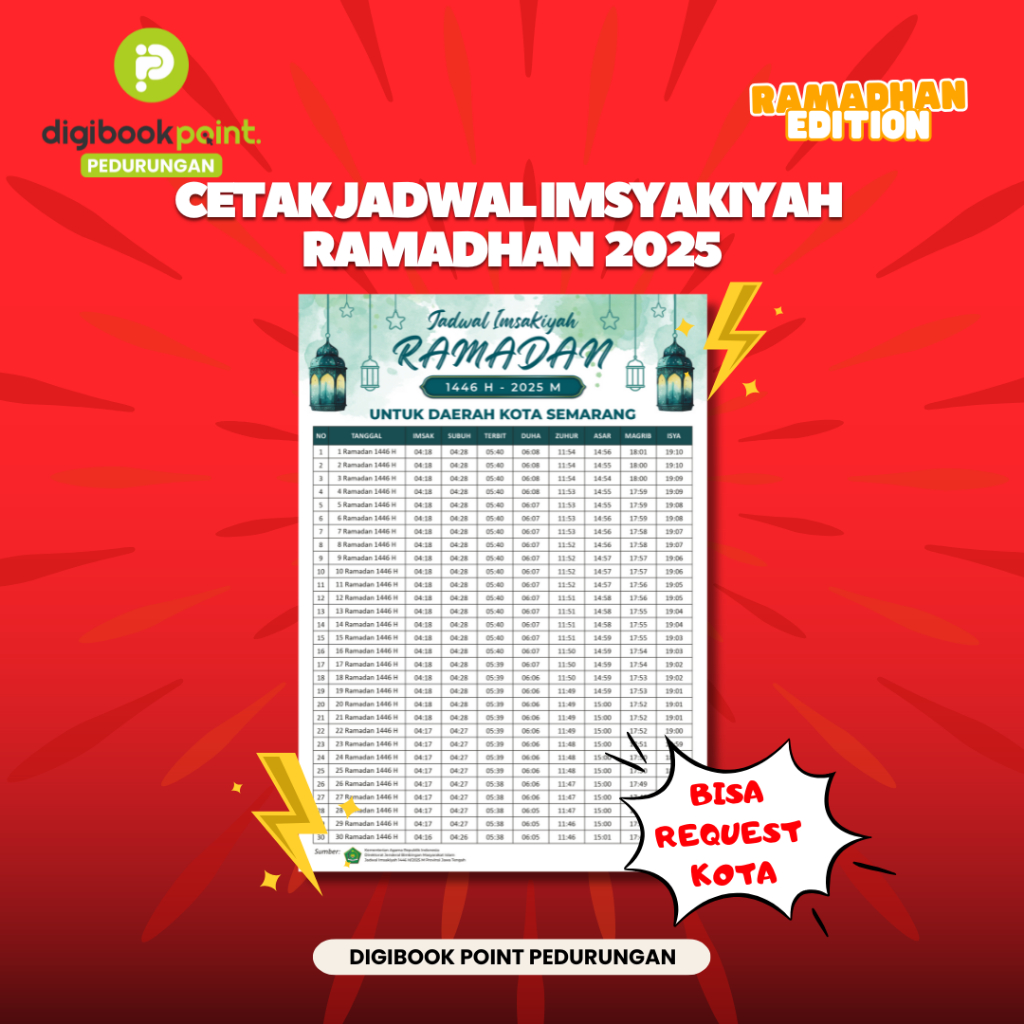 

CETAK JADWAL IMSAKIYAH BULAN RAMADHAN 2025 - Bisa Request Sesuai Kota Cetak Sehari Jadi