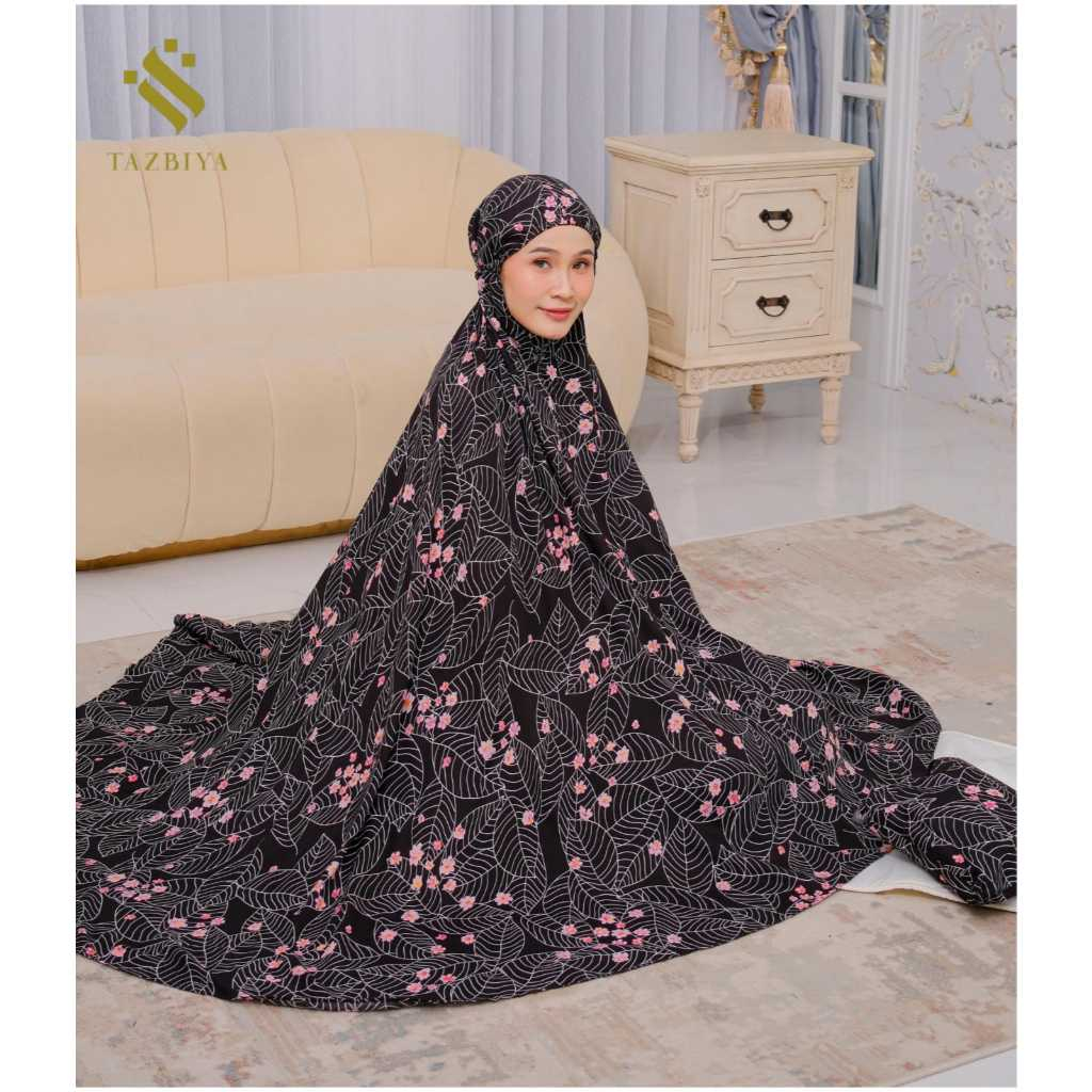 Tazbiya mukena Freesia Leaf Black Mukena motif bunga mukena Premium | mukena hitam