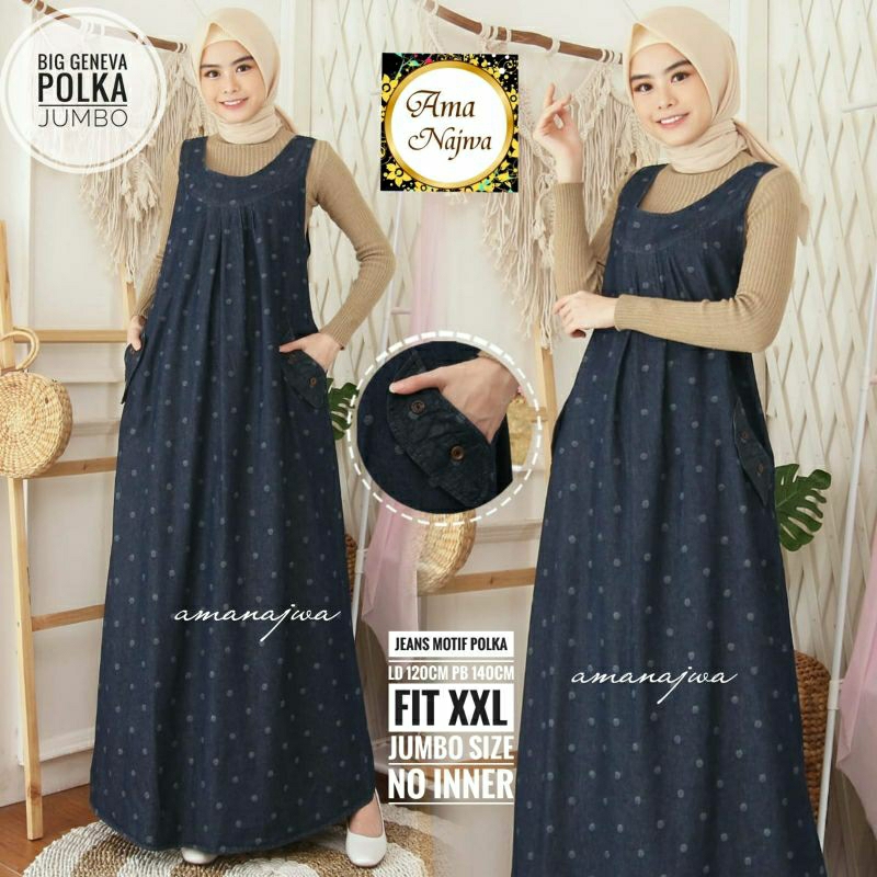 Big geneva polka Overall maxy jeans wash tebal JUMBO / Amj