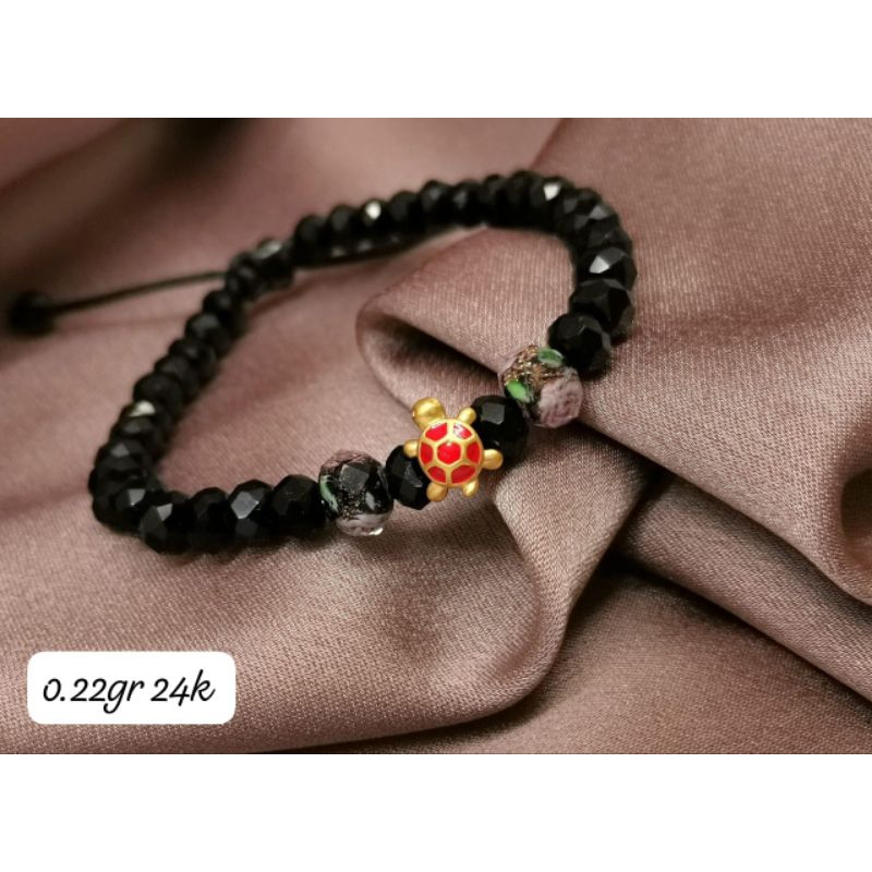 Gelang Emas Asli Kura Cat Merah 24K Hongkong 999% Tali Batu Crystal