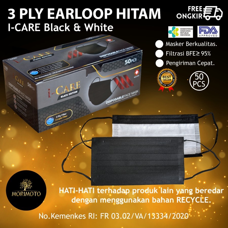 MASKER TEBAL EARLOOP HITAM ICARE LUAR HITAM DALAM PUTIH EARLOOP ONECARE CHASA ORIGINAL