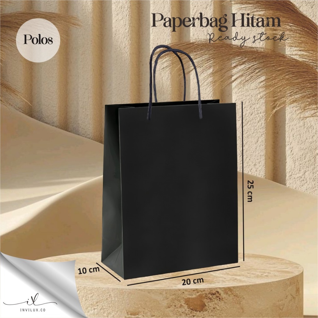 

PAPER BAG HITAM POLOS BAHAN SOFT KARTON - TAS SOUVENIR PERNIKAHAN READY STOK UKURAN 20 X 25 X 10 CM