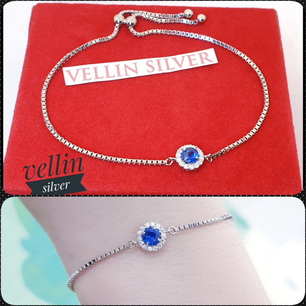 Gelang Tangan Serut Perak 925 Lapis Emas Putih / Perhiasan Gelang italy Serut Permata Zircon Biru Si