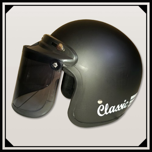Helm Bogo Dewasa Classic Bergaris Kaca Datar | WARNA HITAM DOFF