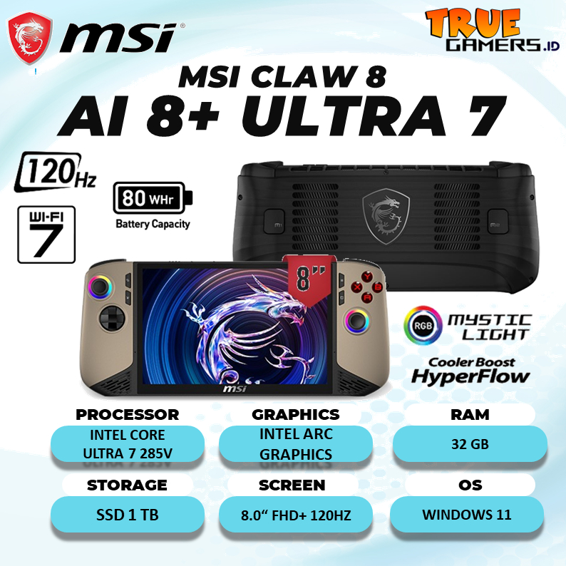 MSI CLAW 8 AI+ ULTRA 7 258V 32GB 512GB W11 8.0 WUXGA 120HZ IPS 100SRGB