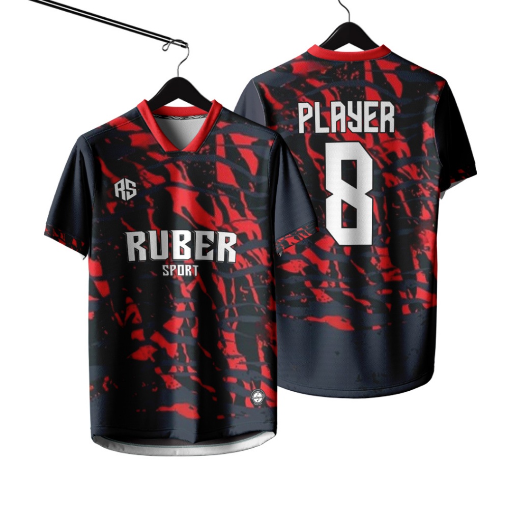 Jersey Futsal / Jersey Bola / Jersey Voli Custom Full Printing Bisa Satuan Hitam Loreng Merah