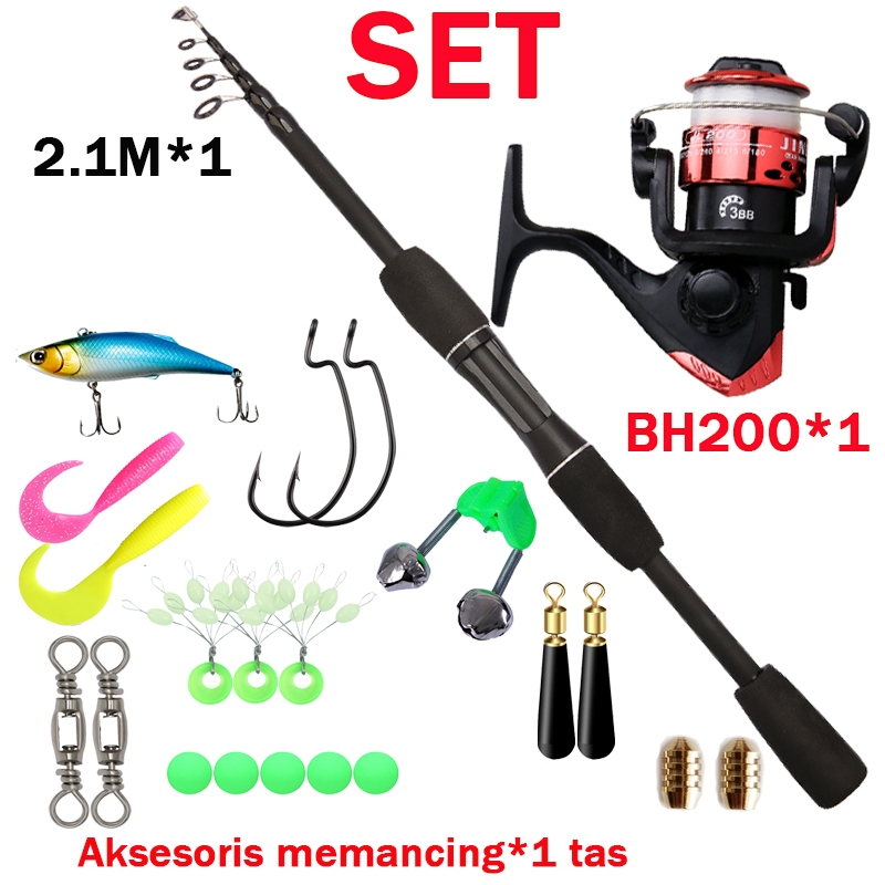 Set Joran Pancing Berongga Serat Karbon Set Reel Pancing Spin casting