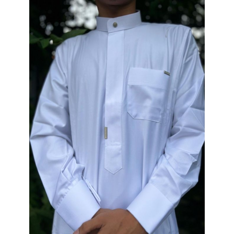 TERBARU AL Haramain Jubah / Gamis Pria Dewasa Premium Resleting SemiWoll 241769 Putih Silver Hijau