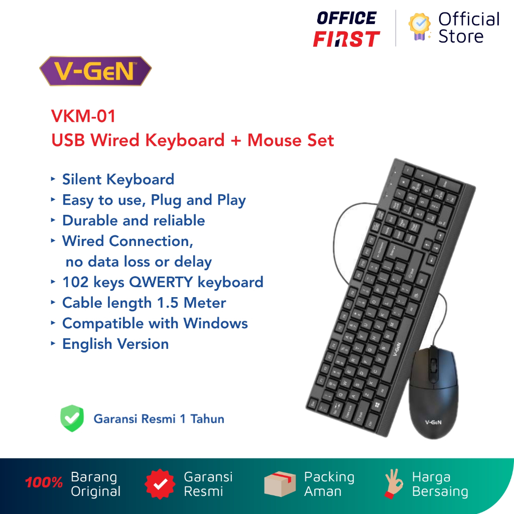 V-Gen VKM 01 USB Wired Keyboard + Mouse Set Black / VGen V Gen VKM01 VKM-01 Hitam