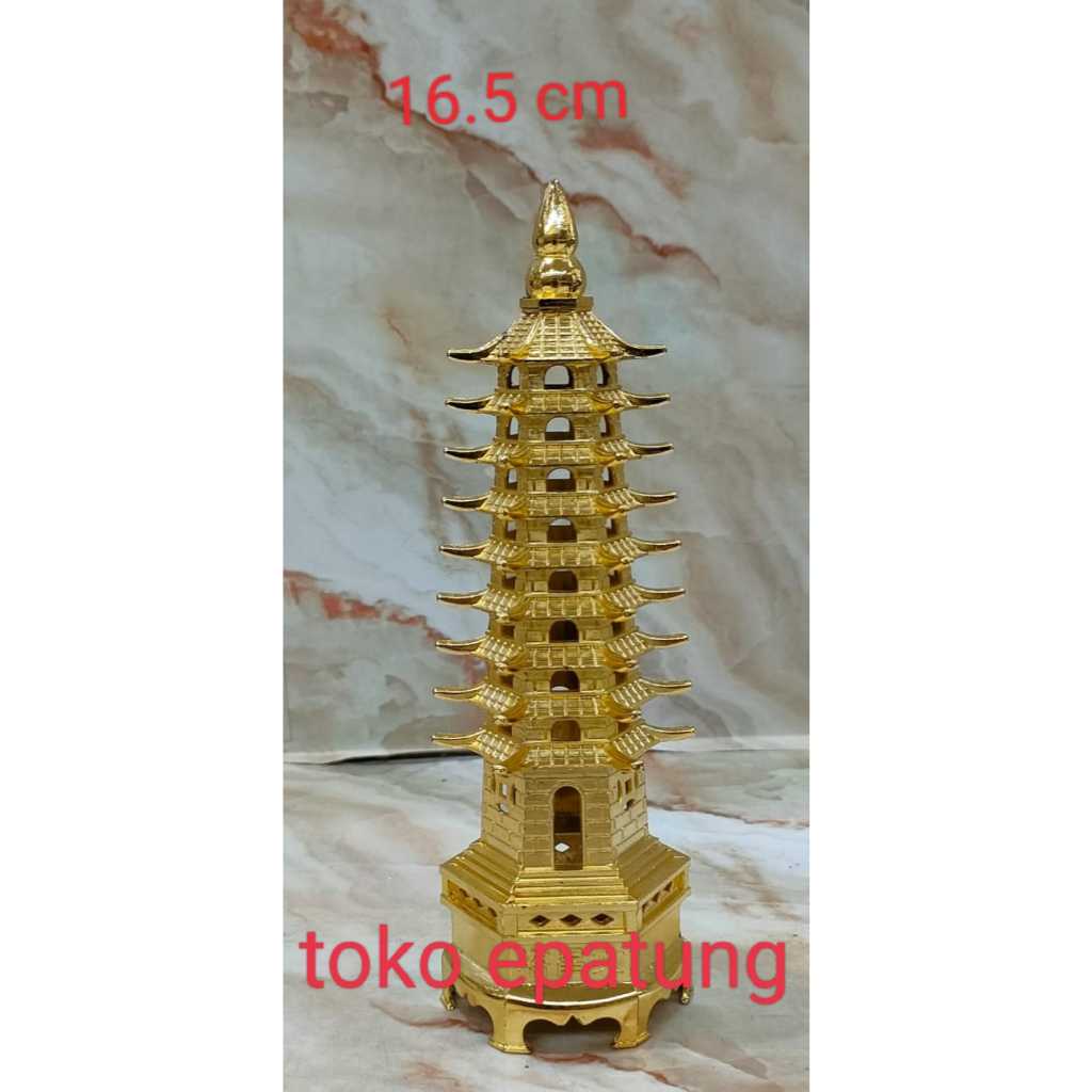 pajangan fengshui pagoda - kuningan - emas - 16 cm - g
