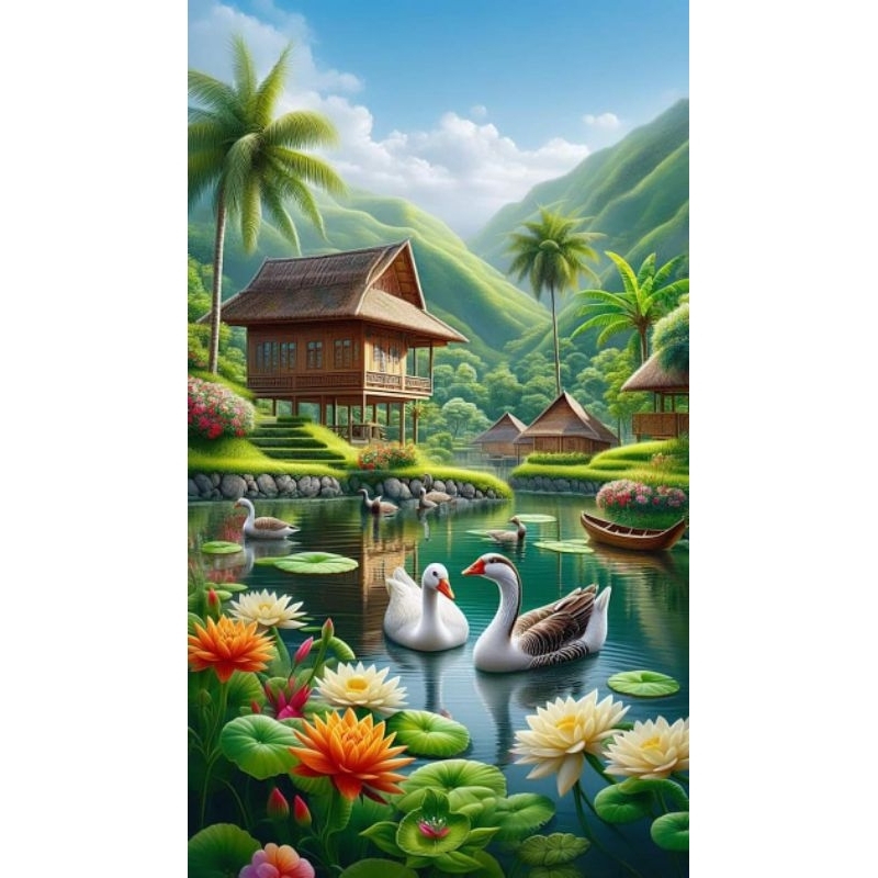 poster cetak jumbo pemandangan desa estetic hiasan dinding pemandangan desa estetic macam macam ukur