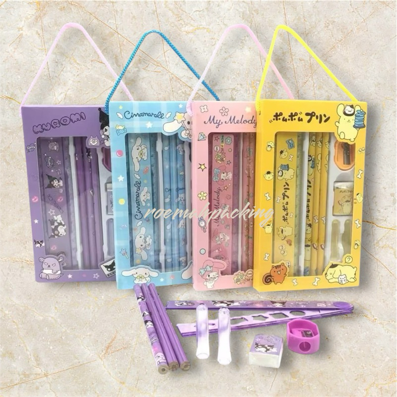 

Alat Tulis sekolah sets 5in1 motif melody kuromi hellokitty pompompurin cinamoroll spiderman cars / hampers anak