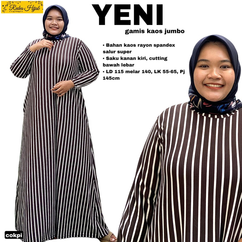 Gamis Wanita Yeni Jumbo Maxy Dress Motif Salur Bahan Kaos Rayon Spandex Allsize LD115 Melar 140