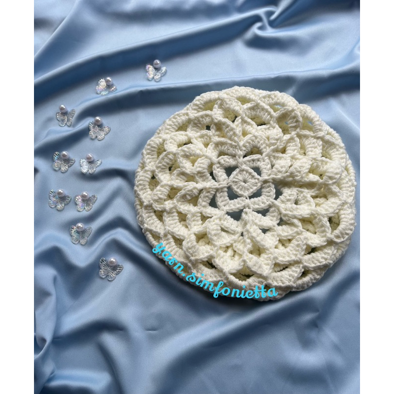 Topi Baret Rajut ✨Bunga Lace/Brukat✨ Handmade Topi Wanita Rajut Brukat Bunga Lace Y2K