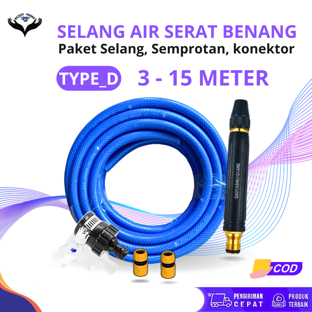 SEPAKET SEMPROTAN SELANG AIR SERAT BENANG BIRU 15 METER ANTI TEKUK SELANG AIR FLEKSIBEL LENTUR CUCI 