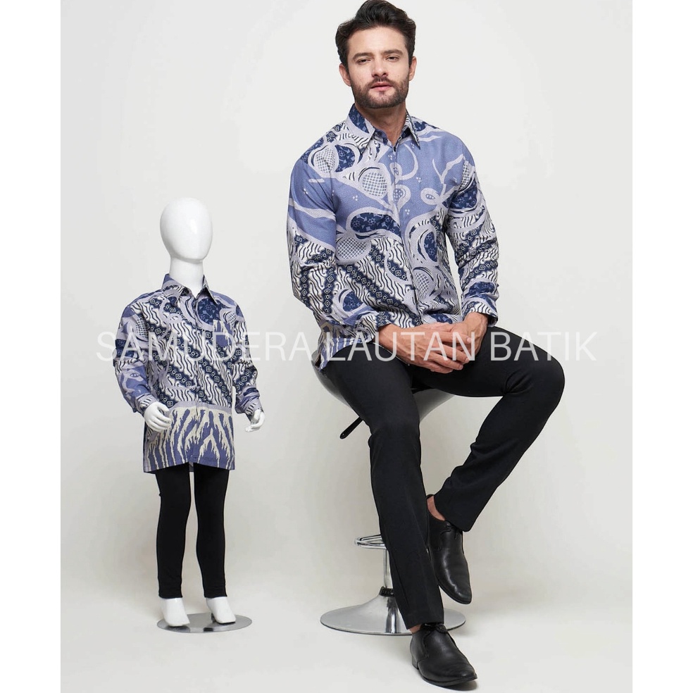 KODE P3X Batik Warna BIRU DENIM Batik Couple Ayah Anak Warna Biru DenimBatik Couple KeluargaBatik Wa