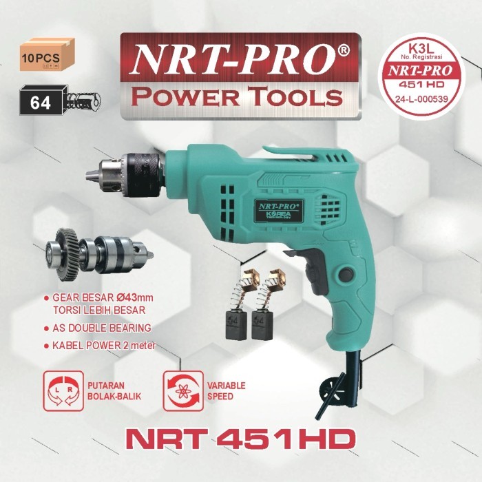 NRT Mesin Bor Listrik 10 mm Gear Torsi Besar NRT-PRO 451HD Electric Drill 10mm Variable Reverse  Big