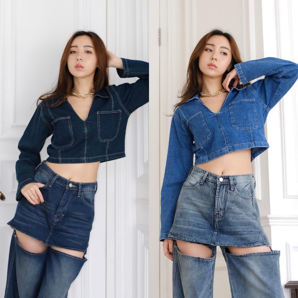 LADOUCE - Maeson Crop Denim Top Atasan Jeans Wanita