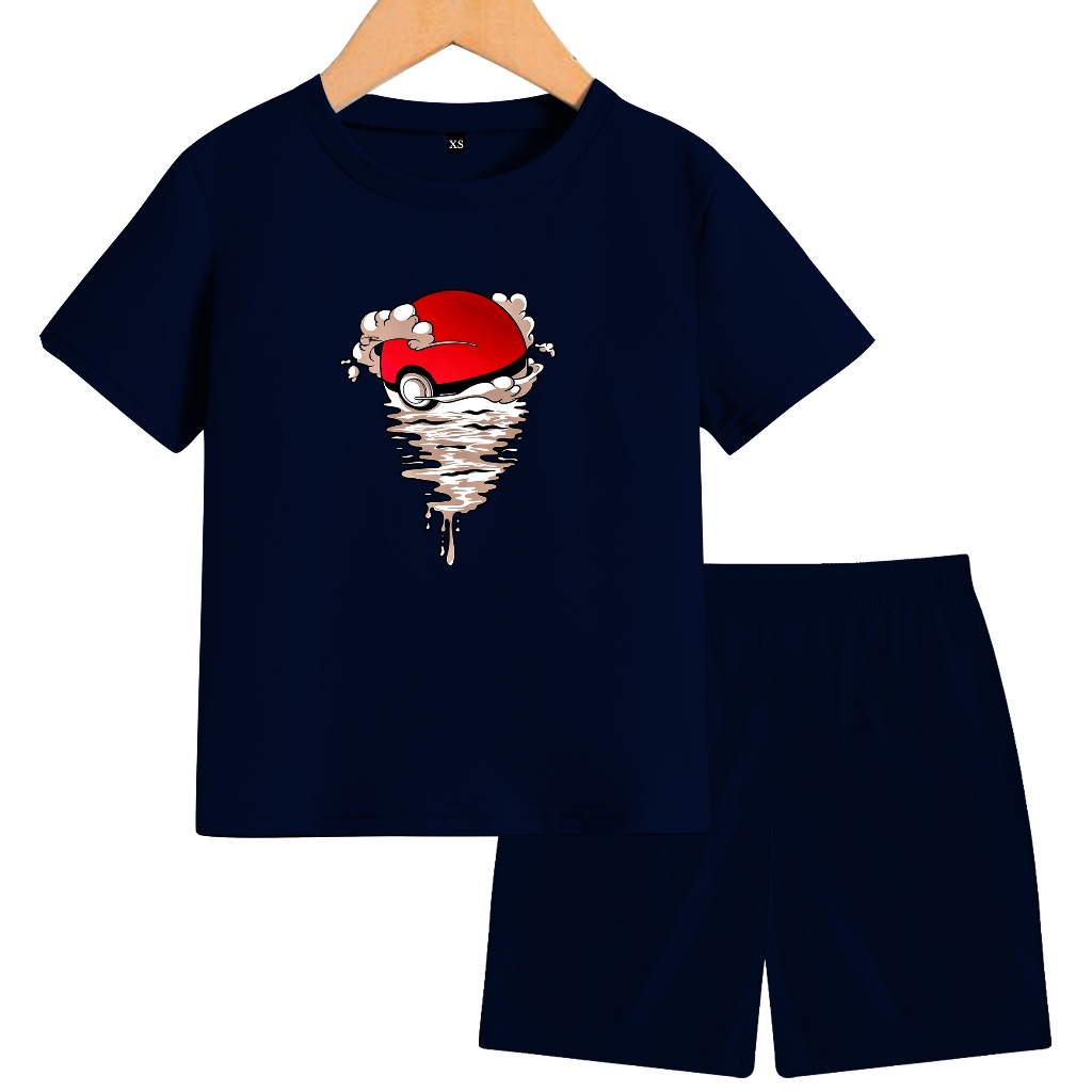 setelan anak laki laki motif karakter bola pokemon shirt lengan pendek bola pokemon
