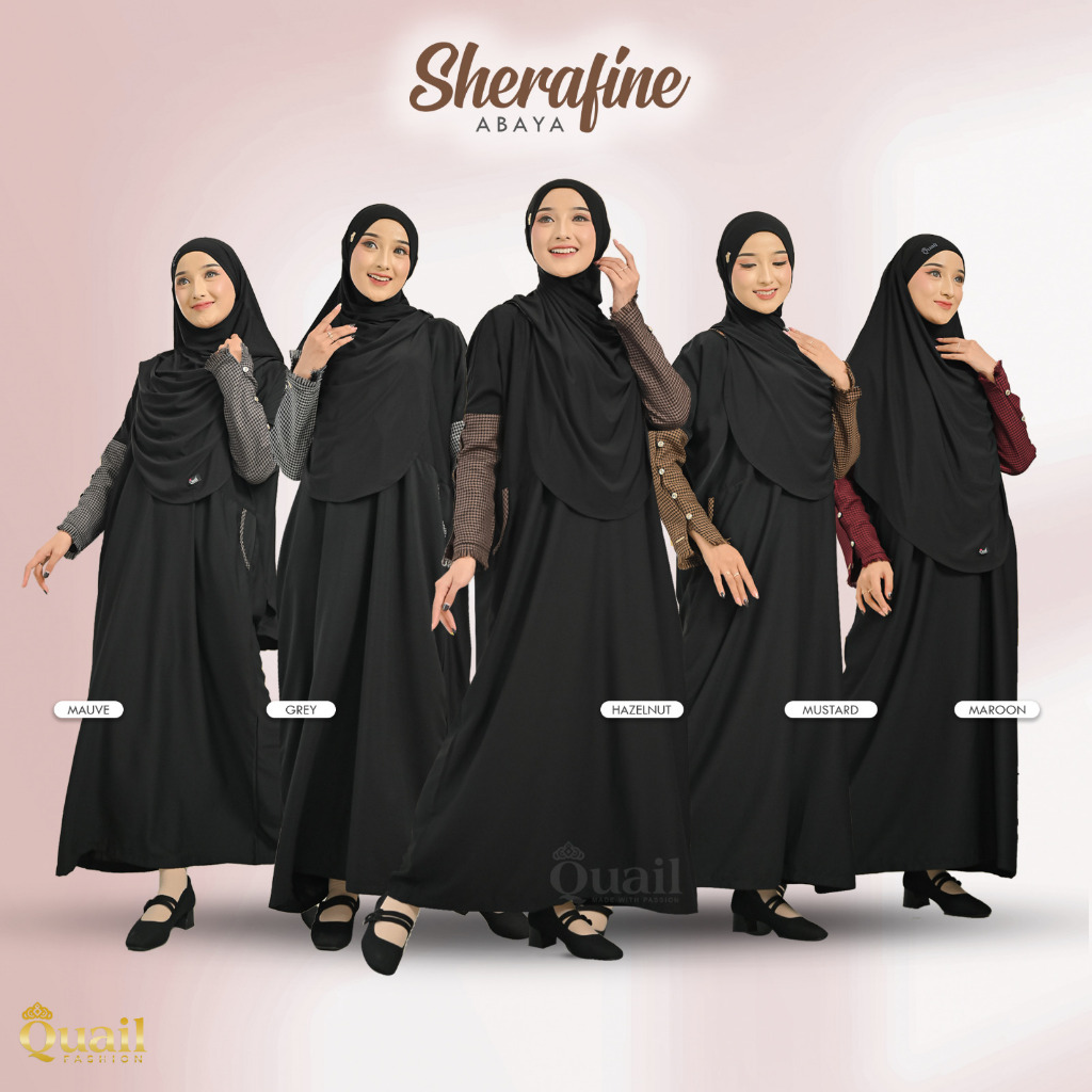 SHERAFINA ABAYA, GAMIS ABAYA MODEL KEKINIAN, BAGIAN LENGAN DESAIN KANCING, BUSUI WUDHU FRIENDLY, SIZ