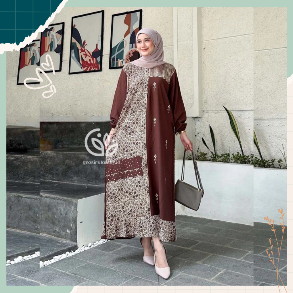 Gamis Etnik Kaftan Abaya Sonata Dress motif Batik Adem Nyaman Oversize Daily Wanita Busui Bahan Rayo
