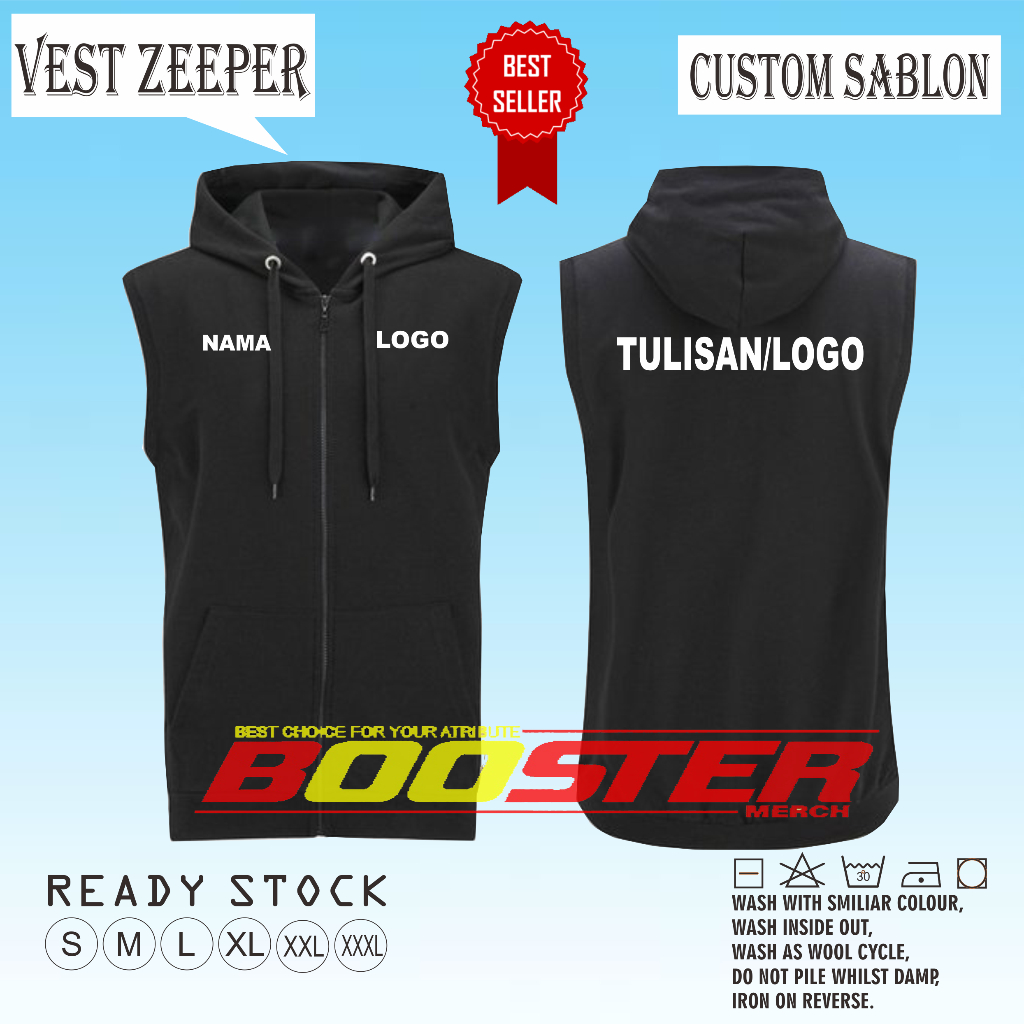 Rompi Pria Fleece Vest Hoodie Zipper Custom Sablon