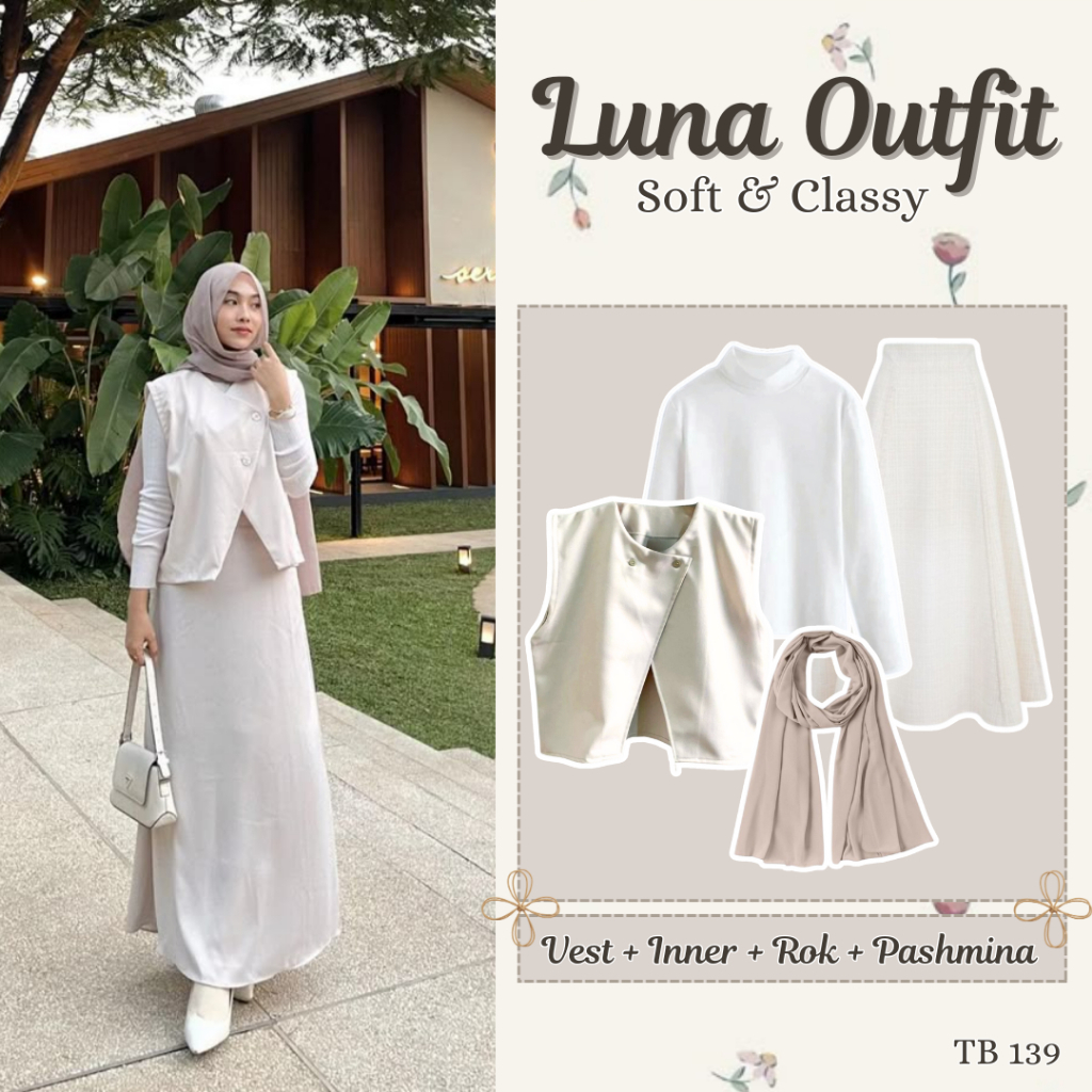 Luna Outfit Oneset Paket Lengkap 4 IN 1 (Vest + Inner + Rok + Pashmina) Inspirasi OOTD Hijab Wanita 