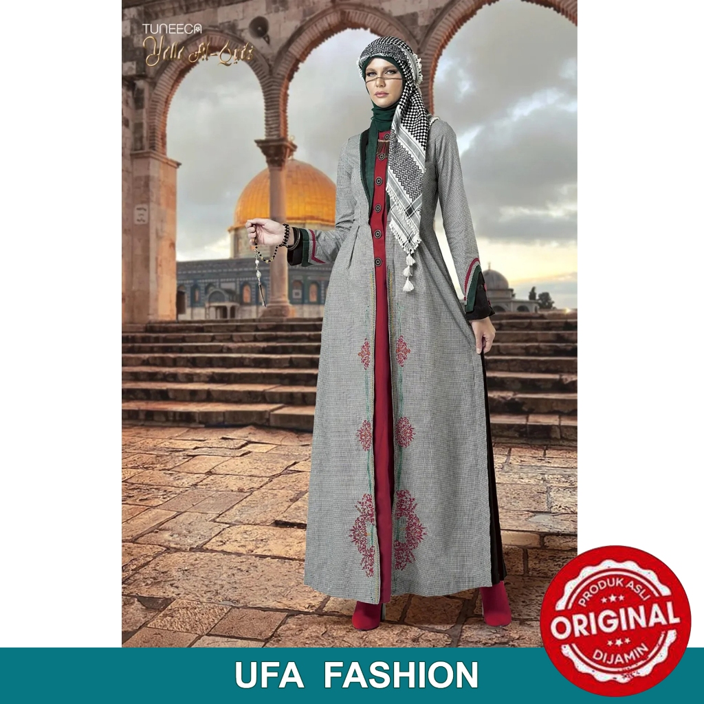 TUNEECA Gamis Najma Al-Nashashibi, Gamis katun premium motif kotak Hitam putih, TUNEECA T-0225011