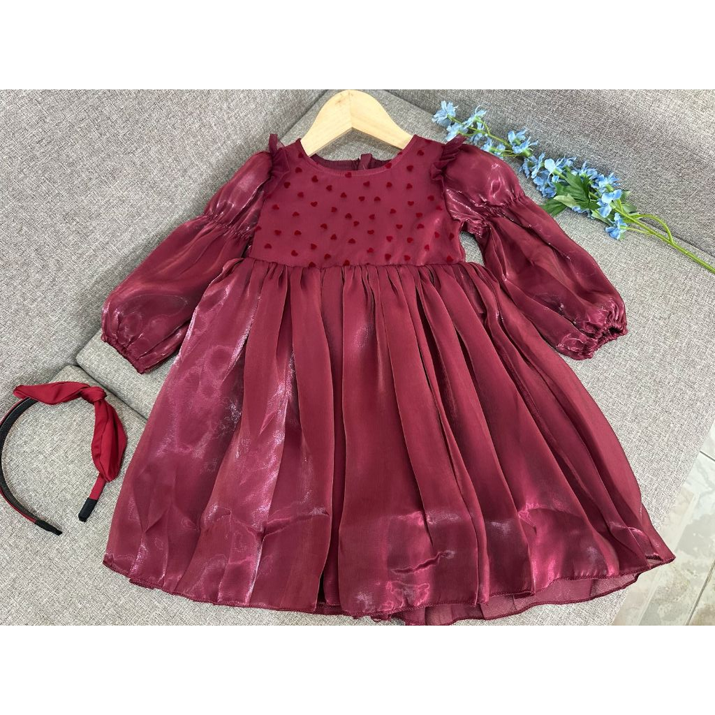 [KIDSWONDERLAND] Dress Merah Burgundy Shimmer Brukat Lace Love Anak Perempuan