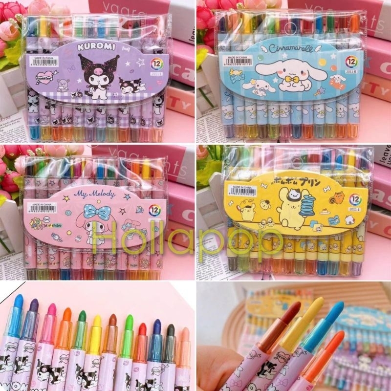 

HOP Crayon Krayon putar 12 warna Kuromi My Melody Cinnamoroll Pompompurin