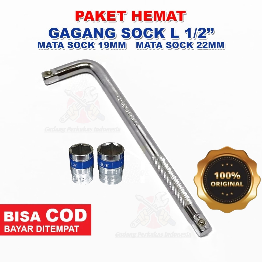 Paket Set Kunci Gagang Sock Sok L ½" Inch / Mata Sock Shock 19mm / Mata Sock Shock 22mm / Gagang L