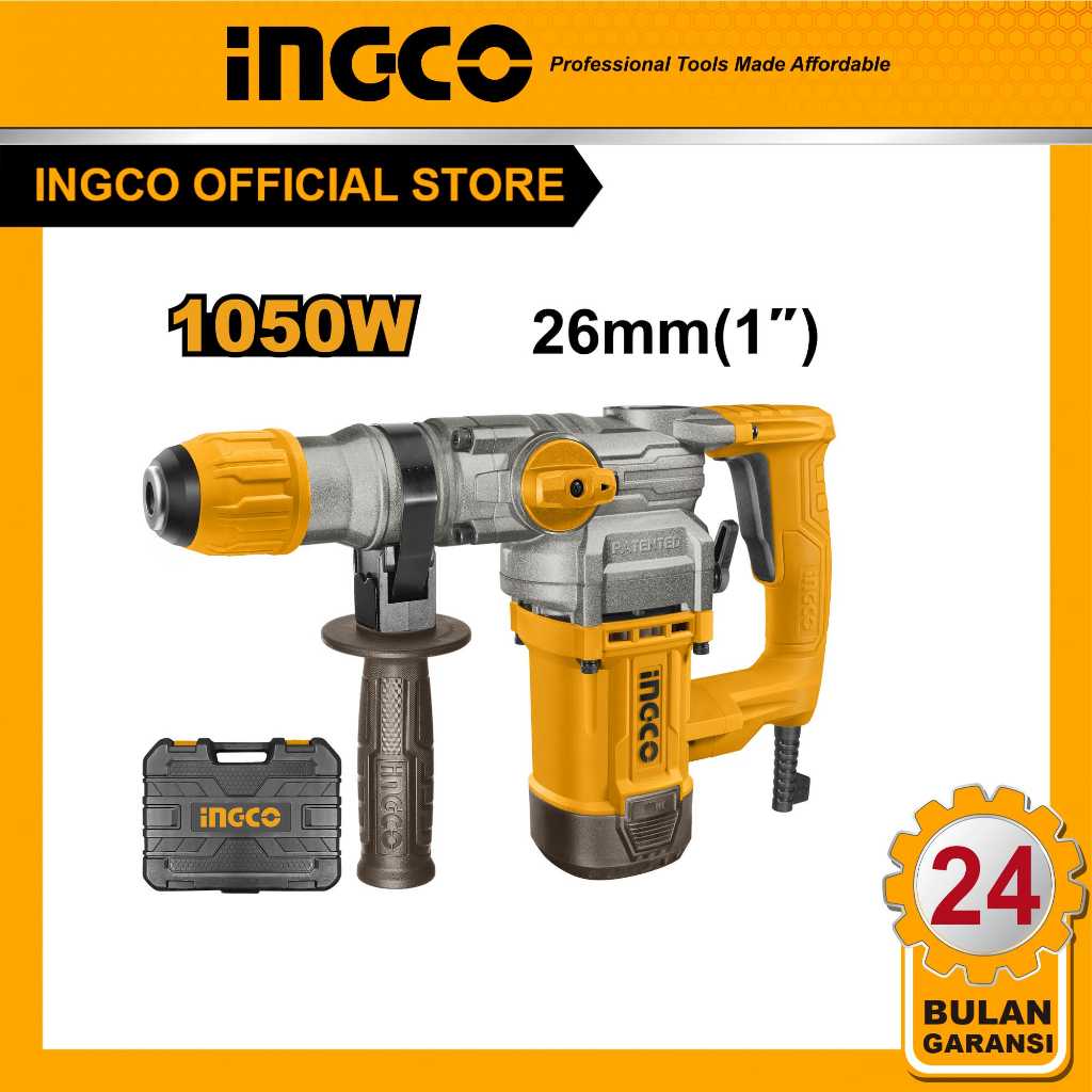 INGCO 1050W Bor Rotary 26mm dengan 3 Mata Bor dan 2 Chisel untuk Pengeboran Palu pada Beton, Batu Ba
