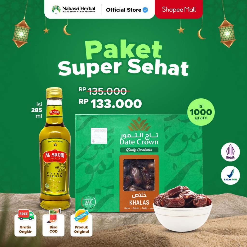 

PAKET SUPER SEHAT - Kurma Date Crown Khalas Kholas 1kg & Minyak Zaitun Al Arobi 285ml