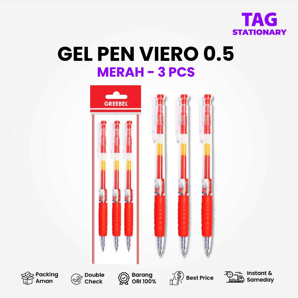 

GREEBEL Bolpen Pulpen Gel / Gel Pen GP-504 Viero 0.5 Tinta Merah 3 PCS/SET / Ballpen Pulpen Cetek