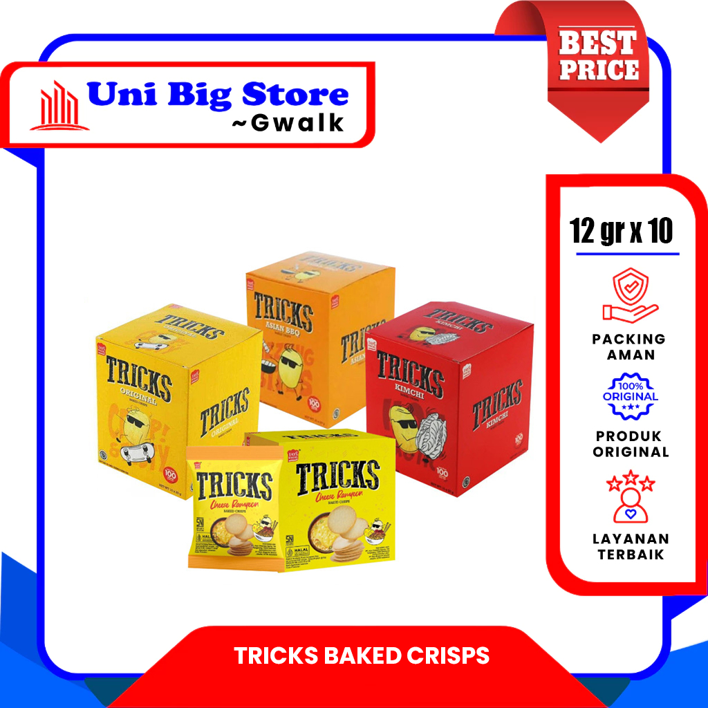 

TRICKS POTATO BAKED CRISPS ORIGINAL - ASIAN BBQ - KIMCHI - CHEESE RAMYEON - 12 gr x 10 pcs BOX