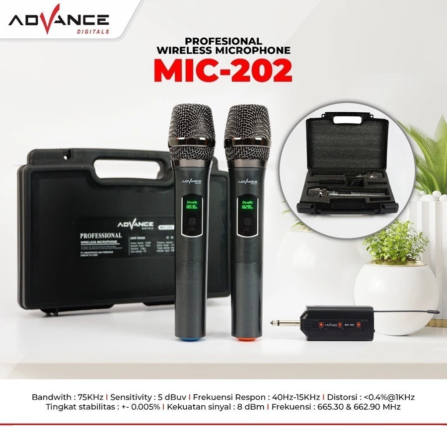 MIC MICROPHONE WIRELESS DOUBLE PROFESIONAL ADVANCE 202 MIK TANPA KABEL